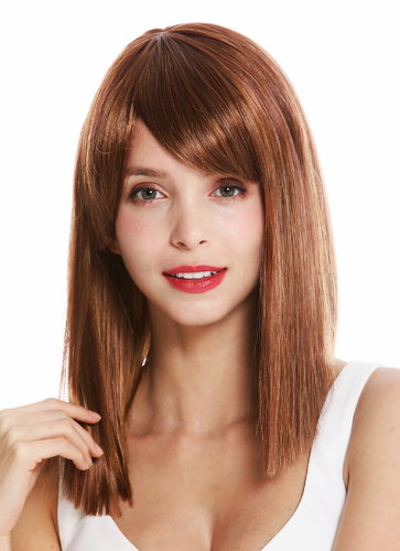VK-5-29H27C quality wig shoulder length sleek longe fringe parted dark blonde reddish blonde mix