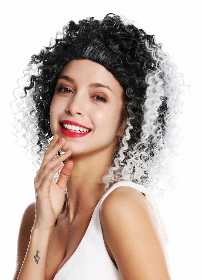 ZM-1590-1BTSILVER women's quality wig shoulder length frizzy curls black  grey highlights