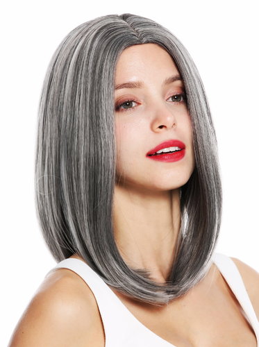 1960 women's quality wig shoulder length sleek middle parting grey mottled highlights