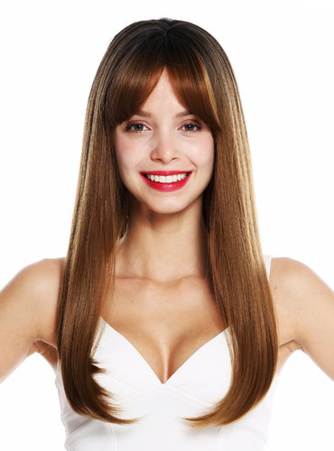 1923-8A/27 women's quality wig long sleek fringe parted brown mix highlights