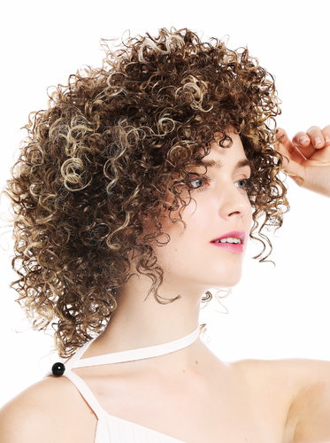 VK-11-F1010 women's quality wig short voluminous frizzy curly curls wild brown blonde highlights
