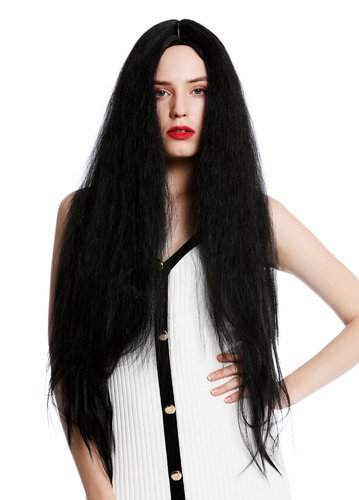 VK-55-1B women's quality wig very long voluminous frizzy curls middle parting black