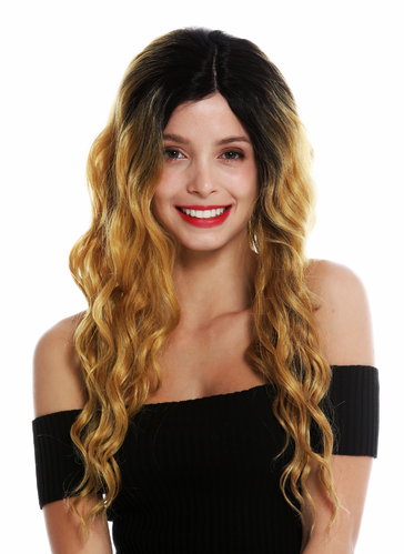 VK-14-MF-967YS1B quality wig monofilament lace front parting curly wavy ombre black blonde 25.5''