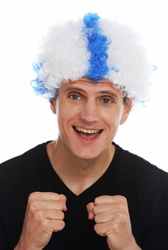 MMAM-15M wig carnival afro fan-wig soccer football world cup Finland Suomi blue cross on white