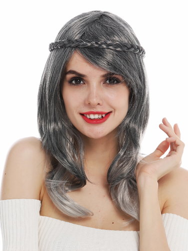 DEC140A-ZA103-68A wig carnival women Halloween sleek black grey mottled grey plaited coil of hair