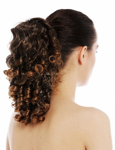 Hairpiece ponytail extension large claw voluminous spiral curls ringlets mixed dark brown blond