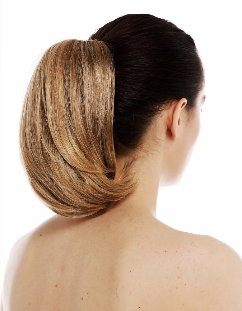 WIG ME UP - T6545-s-MediumBlonde Hairpiece ponytail extension large  butterfly claw clamp short voluminous but sleek look middle to dark gold  blonde naturally streaked