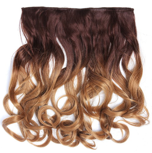 Clip-in hair extension 5 clips wide curled wavy ombre medium brown caramel blond mix 15 inches
