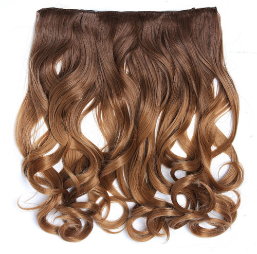Clip-in hair extension 5 clips wide curled wavy ombre mix of dark blonde and honey blond 15 inches
