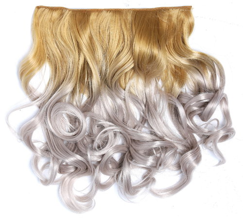 Clip-in hair extension 5 clips wide curled wavy ombre mix of blond and silver grey 15 inches