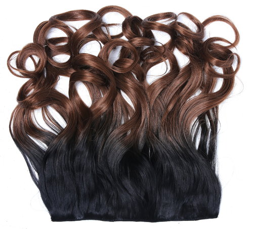 Clip-in hair extension 5 clips wide curled wavy ombre mix of black and gold brown 15 inches