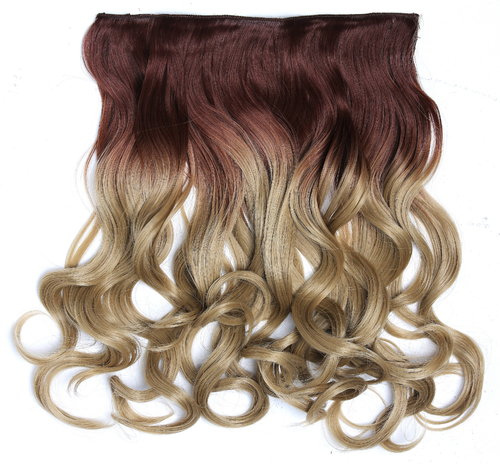 Clip-in hair extension 5 clips wide curled wavy ombre mix of light copper brown ash blonde 15 inches