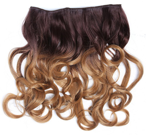 Clip-in hair extension 5 clips wide curled wavy ombre mix of dark auburn and dark blonde 15 inches
