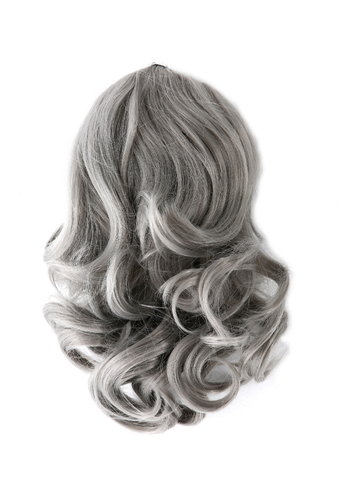 Hairpiece ponytail with comb and elastic draw string short wavy voluminous silver gray 14inch