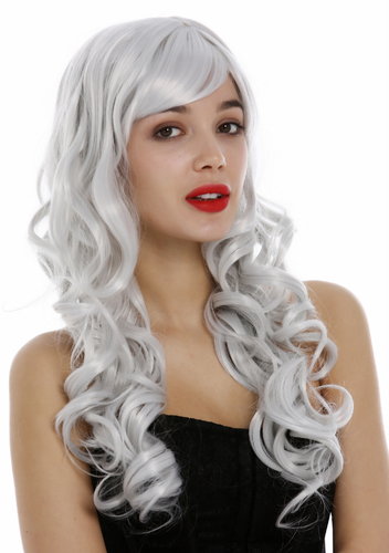 Lady Wig long wavy to curled hair curls fringe Cosplay grayish white whiteish gray
