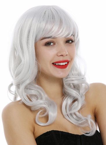 Lady Wig long wavy to curled curls fringe bangs gray-ish white white-ish gray