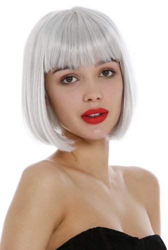 Short lady Wig bob style bangs fringe sleek very light white-ish gray grey