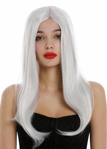 Long Lady Wig straight sleek hair middle parting very light white-ish gray Fairy Elf