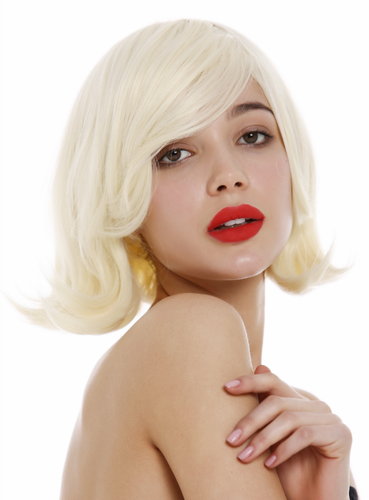 Lady wig short blunt cut Bob long fringe worn parted light blonde