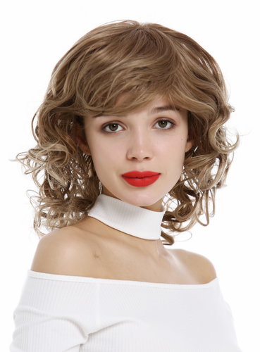 Lady wig shoulder-length medium long curled curls parting streaked mix of middle brown hues