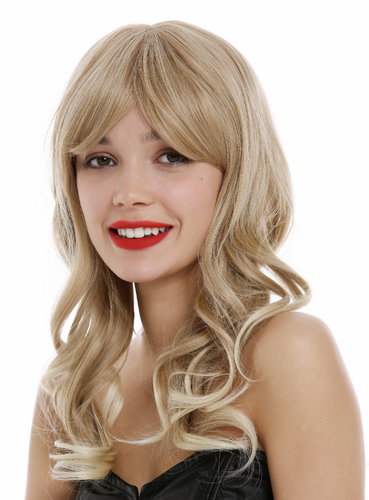 Lady wig long wavy to slightly curled blond streaked with platinum highlights tips