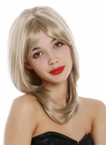Lady wig shoulder length medium long straight layered parted long fringe blond ashblond