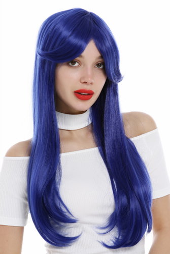 Lady quality wig Cosplay long straight sleek parted fringe dark blue