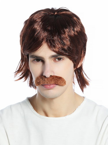 CW-016-P33 Halloween Carnival wig and mustache set 70s cop retro mullet mahogany brown