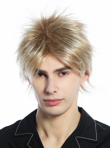 M-261-27T613 Wig Men Women short wild unruly 80s retro style blond with platinum highlights & tips