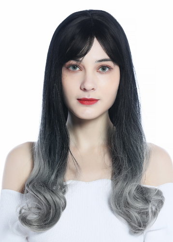 1574-R89A Women's Wig long sleek smooth but wavy tips ombre dark brown to grey