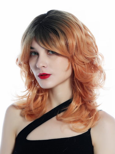 SZL0673-T Women's wig medium length wild & shaggy look wavy to curled ombre black to copper blond