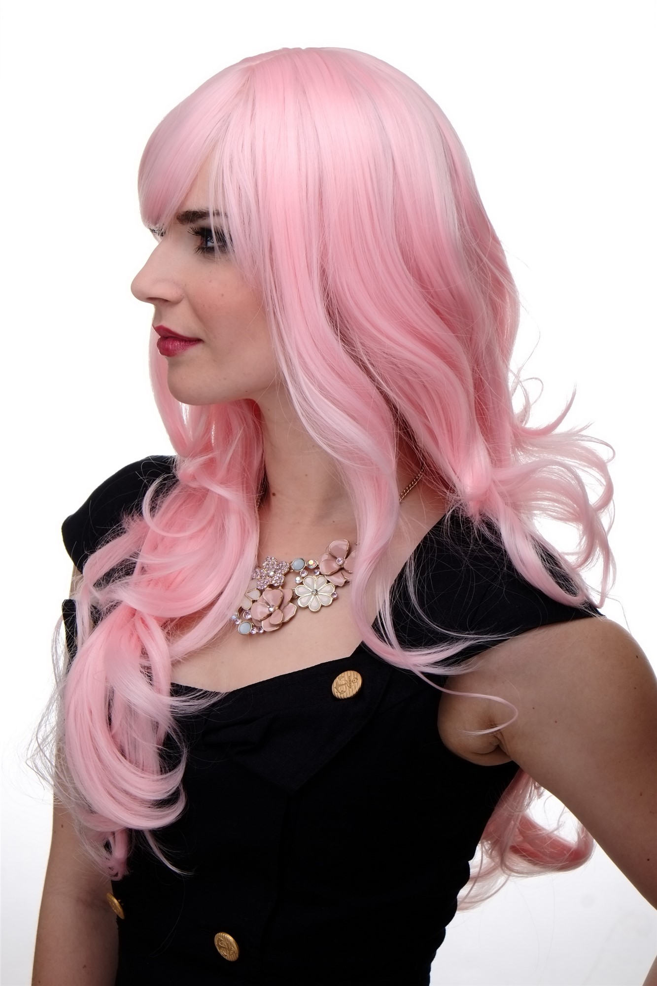 hochwertige Qualitätsperücken, Lange Damen Perücke mit großen kräftigen Locken Pony Rosa 285-T2333, Ansicht 2, WIG ME UP: Ihr Perücken Online Shop lockige Tressen-Perücke mit Kopfhaut-Imitat Rosa lange Haare für Damen