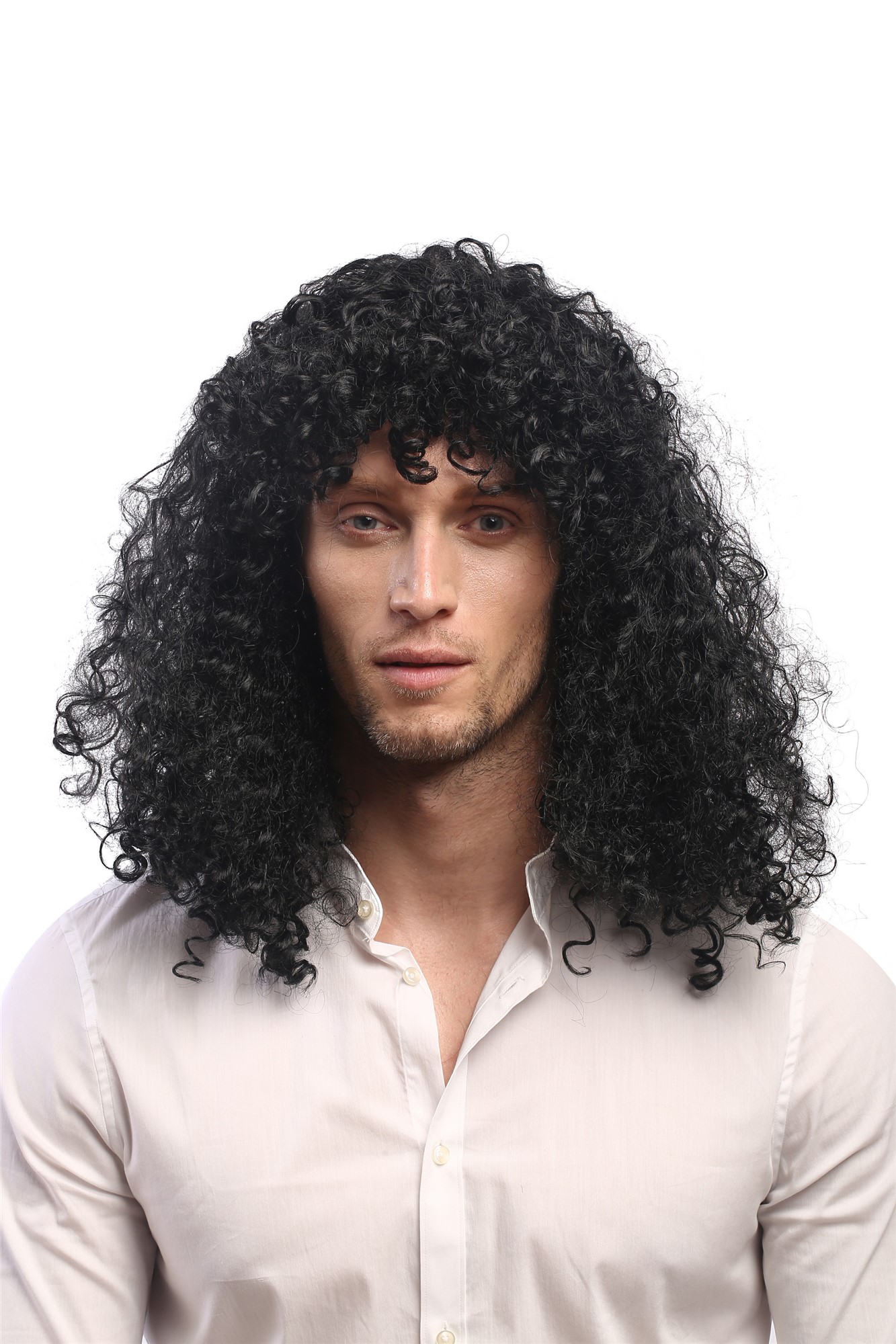 Man or Lady Party Wig Halloween Brazilian Soccer Player Mullet unruly wild curls black long volume, front view, WIG ME UP: Your Perücken Online Shop Party Wig, Unisex, Black, curled, long