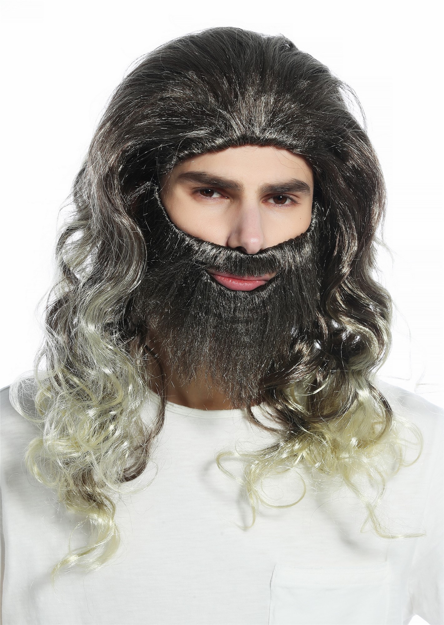 Wig & beard brown streaked with blond wild curled prophet hipster hermit CW-024, view 6, WIG ME UP: Your Perücken Online Shop Party Wig, Men, Brown,Blonde, wavy, shoulder-length