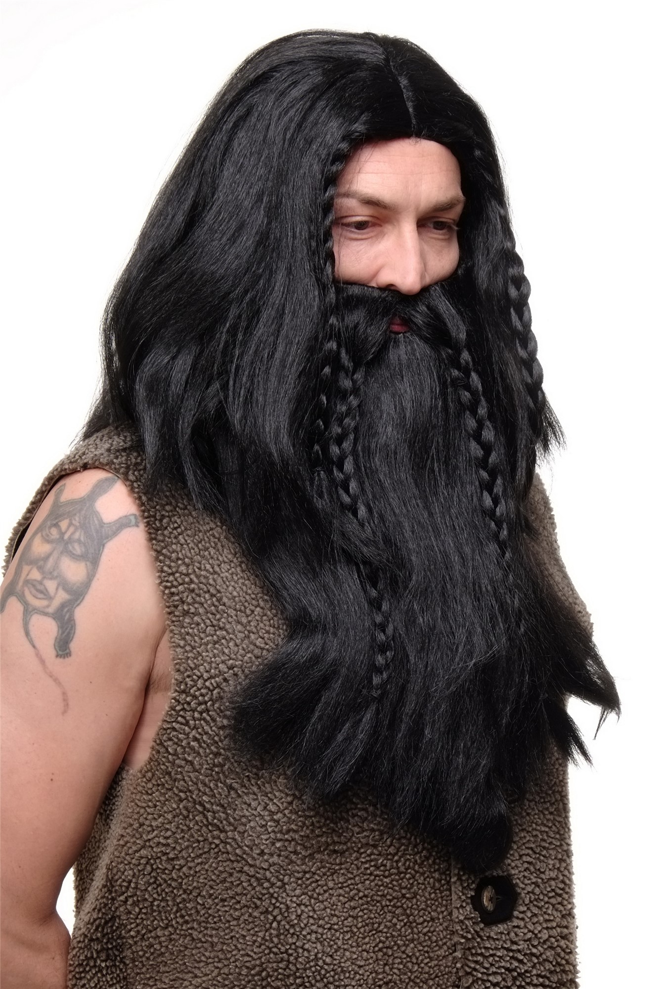 Party/Fancy Dress /Halloween black Wig & Beard Erik Viking Chieftain Barbarian Berzerker Dwarf, view 3, WIG ME UP: Your Perücken Online Shop Party Wig, Men, Black, Braided, long