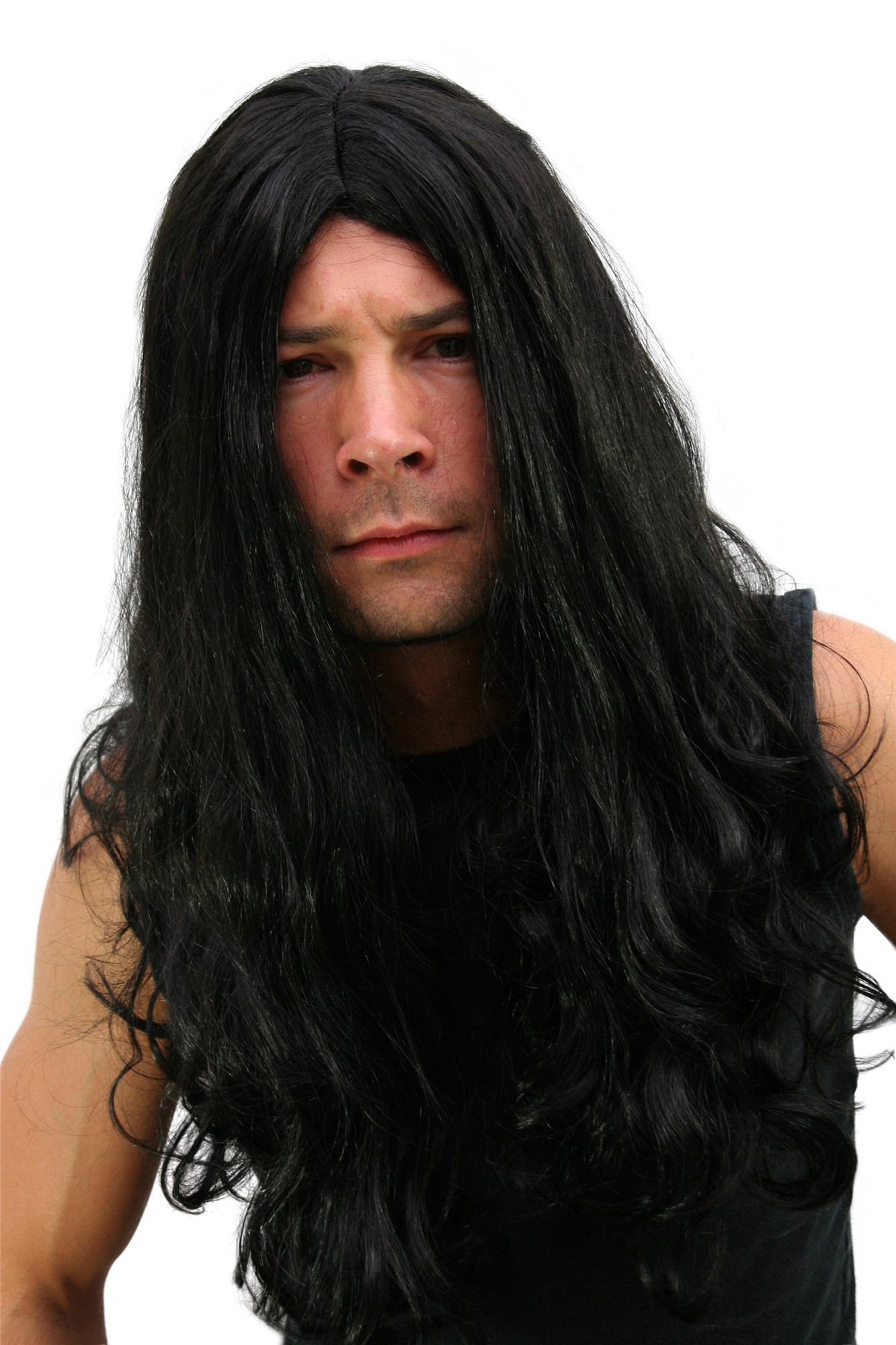 günstige Party Perücke, Perücke: Black Metal Headbanger Matte Mähne Rocker LM-155, Vorderansicht, WIG ME UP: Ihr Perücken Online Shop wellige Party Perücke schwarz lange Haare für Damen