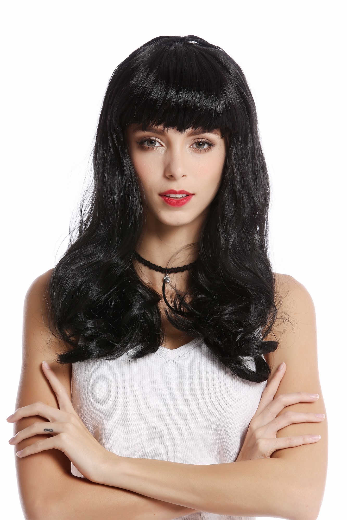 90649-ZA103 Wig Lady Women Halloween Carnival Cosplay black 50s Pin-up Model Burlesque bangs fringe, front view, WIG ME UP: Your Perücken Online Shop Party Wig, Ladies, Black, wavy, long