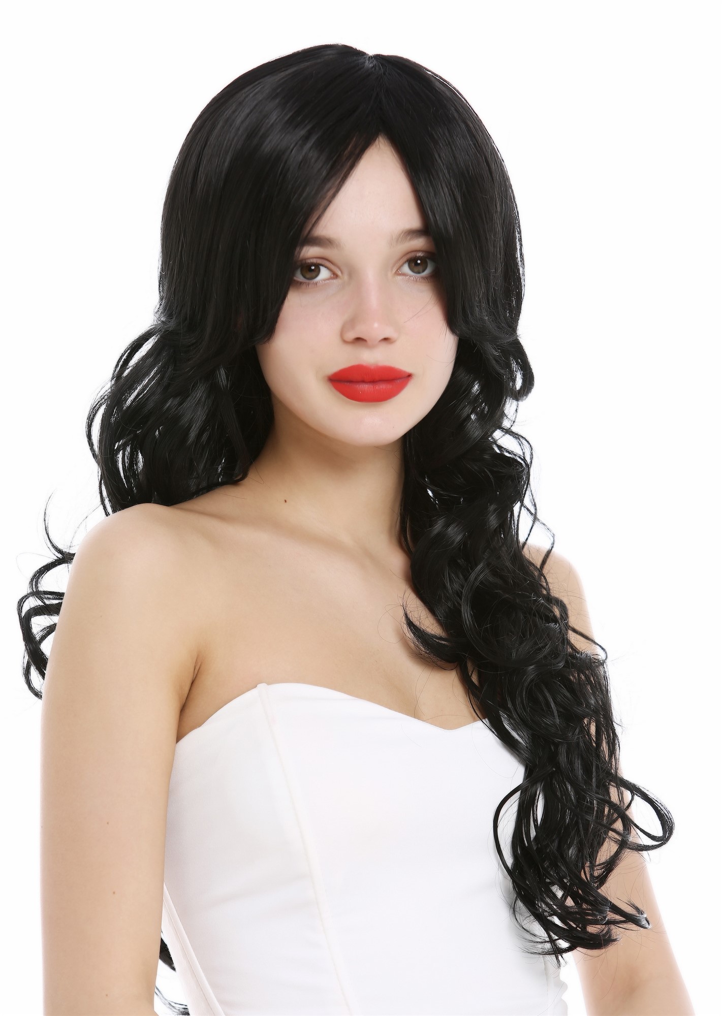 hochwertige Qualitätsperücken, Perücke lang gelockt wet look Schwarz VK-47-1B, Ansicht 2, WIG ME UP: Ihr Perücken Online Shop lockige Tressen-Perücke mit Kopfhaut-Imitat Samtschwarz lange Haare für Damen