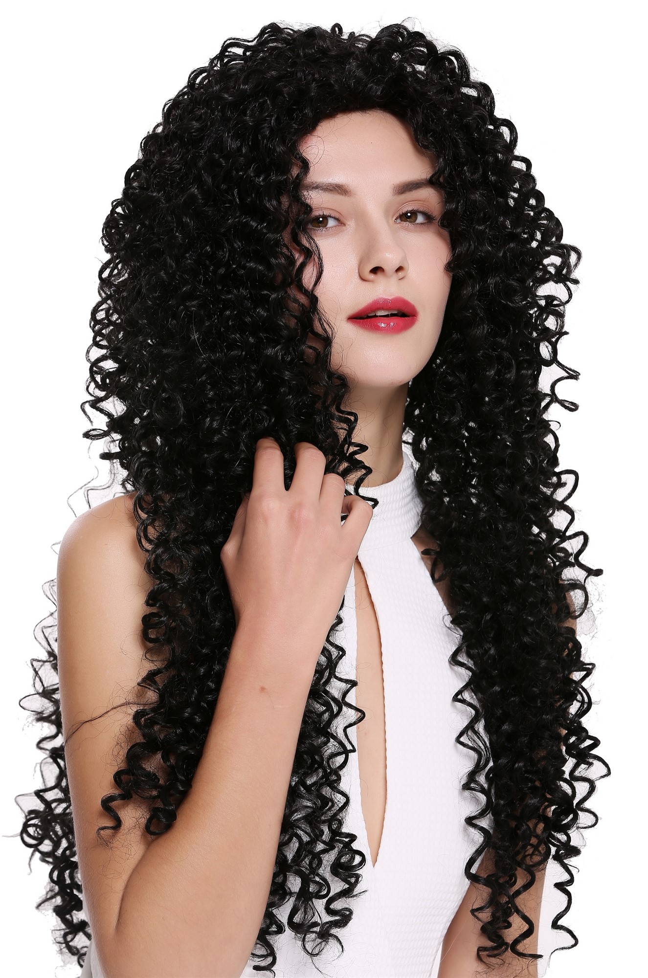 hochwertige Qualitätsperücken, Perücke Lang Locken Afro Schwarz DW2315-1B, Ansicht 2, WIG ME UP: Ihr Perücken Online Shop lockige Tressen-Perücke Samtschwarz sehr lange Haare für Damen