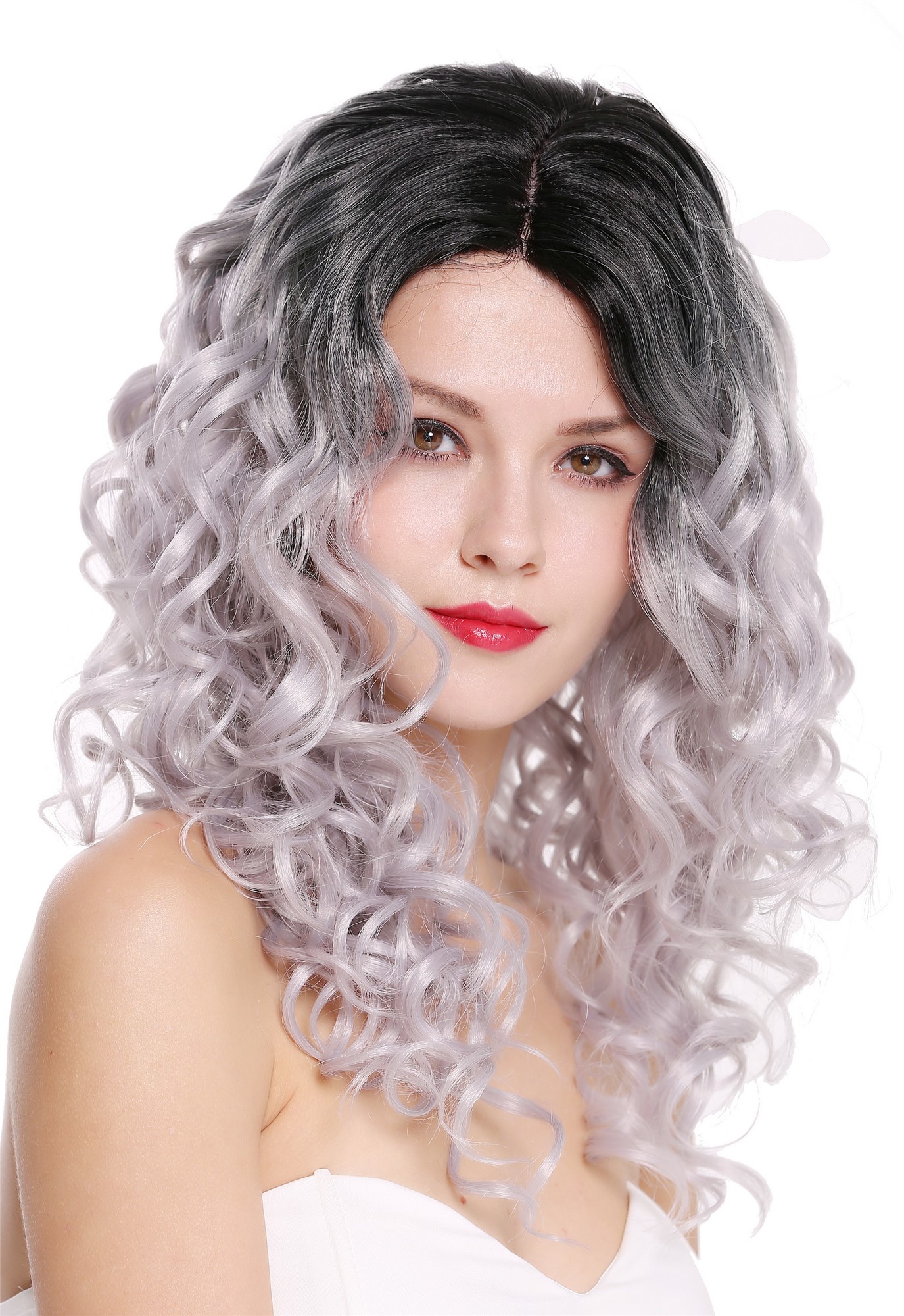 hochwertige Qualitätsperücken, Perücke Locken Volumen Lang Scheitel Ombre Schwarz Grau RGF-6467C-T1B/SILVER, Ansicht 2, WIG ME UP: Ihr Perücken Online Shop lockige Tressen-Perücke mit Kopfhaut-Imitat Schwarz-Silbergrau lange Haare für Damen