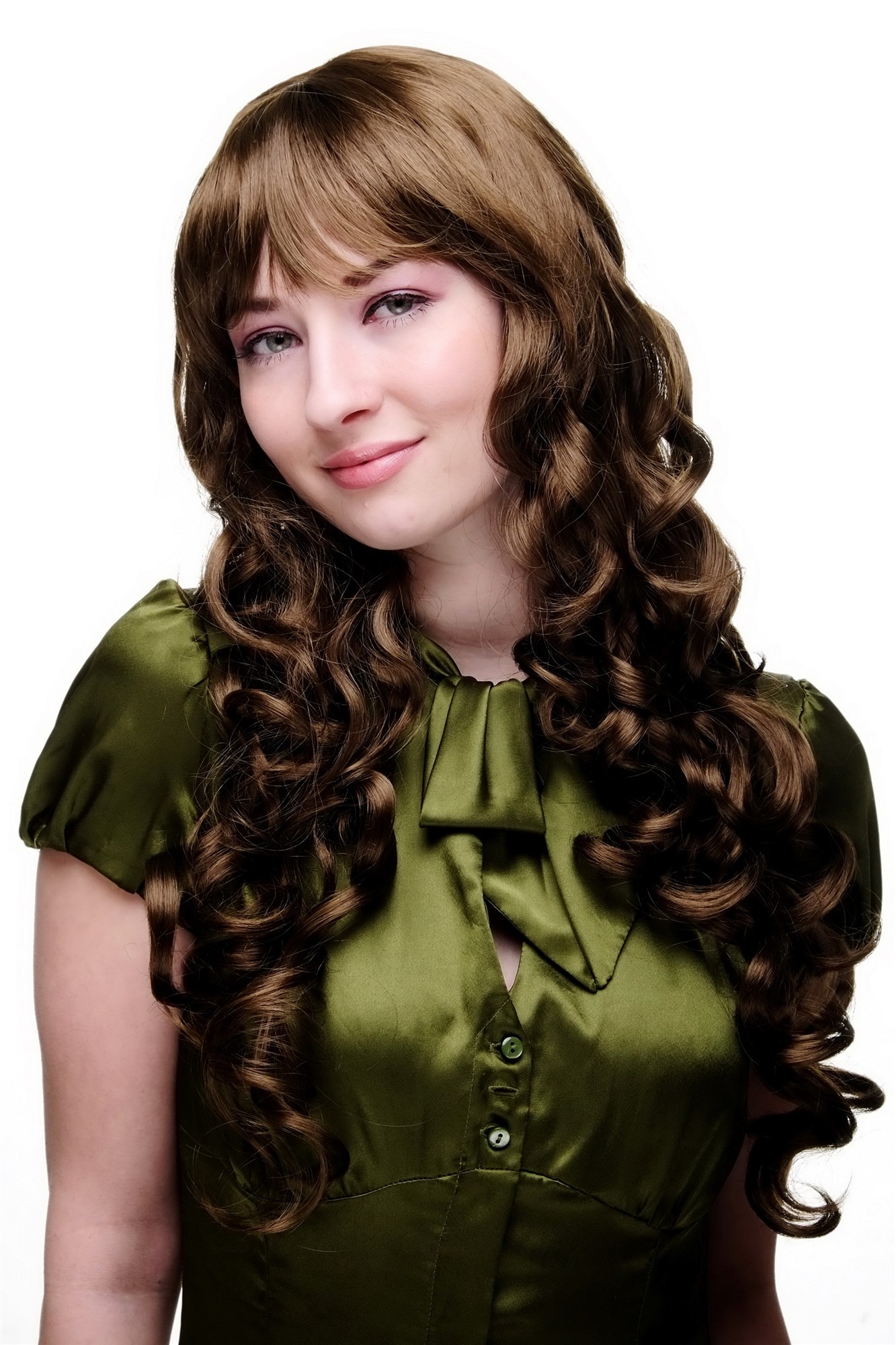 Lady  Wig long straight top with beautful curling ends medium BROWN cute bangs fringe, front view, WIG ME UP: Your Perücken Online Shop Quality Wigs, Ladies, medium golden brown, curled, long
