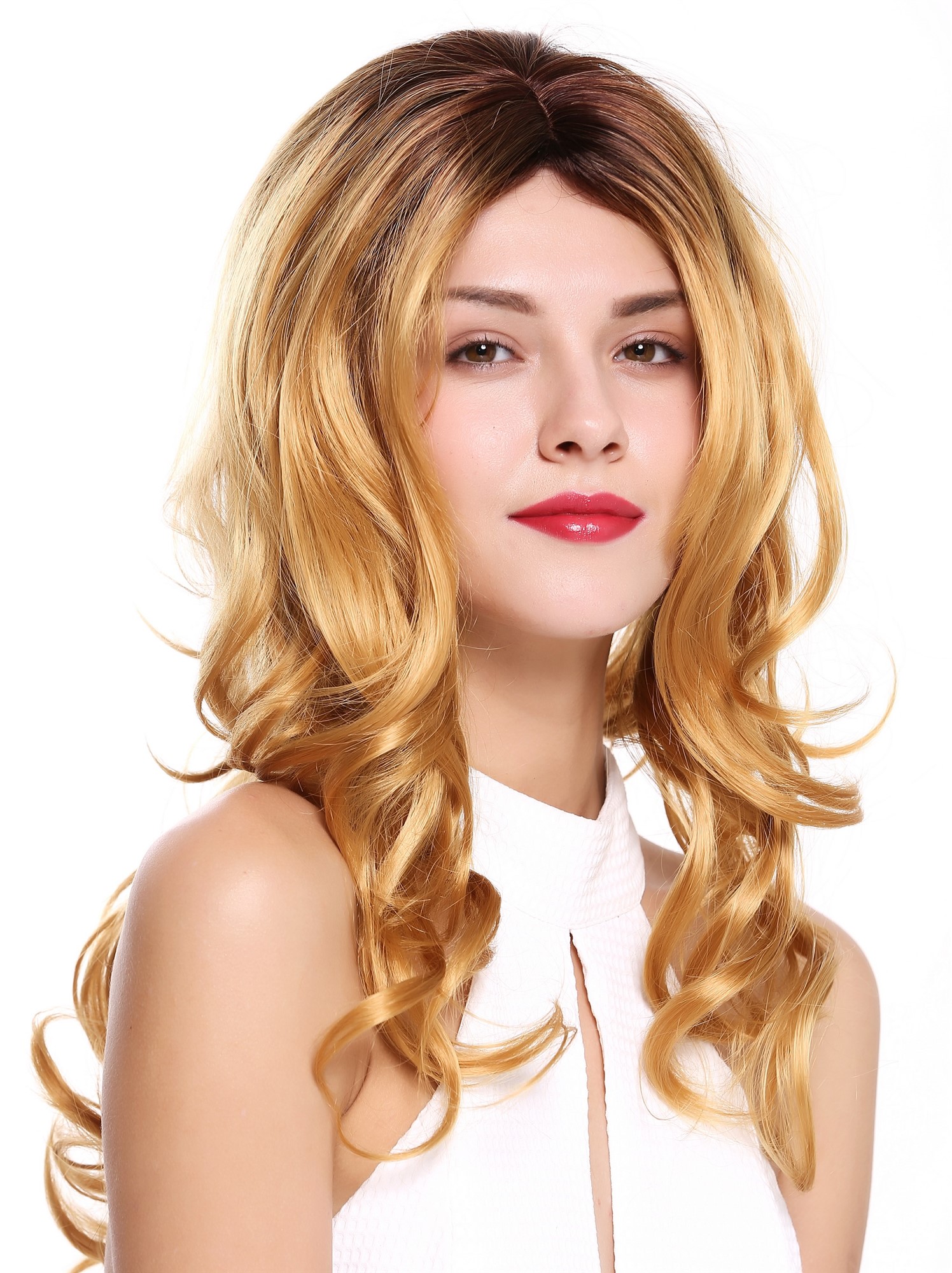 hochwertige Qualitätsperücken, Perücke Lang Gewellt Mittelscheitel Ombre Braun Blond DW1595-YS649SK6, Ansicht 2, WIG ME UP: Ihr Perücken Online Shop wellige Tressen-Perücke mit Kopfhaut-Imitat Kupferblond-Mittelbraun-Mix lange Haare für Damen