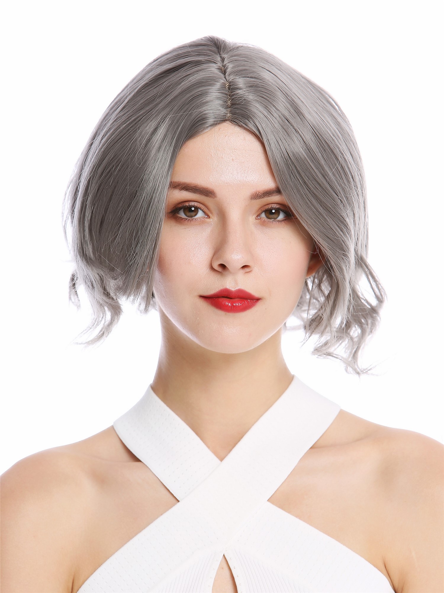 hochwertige Qualitätsperücken, Perücke kurz Longbob Mittelscheitel wellig grau YZF-4359-171, Vorderansicht, WIG ME UP: Ihr Perücken Online Shop wellige Tressen-Perücke mit Kopfhaut-Imitat Dunkelgrau kurze Haare für Damen