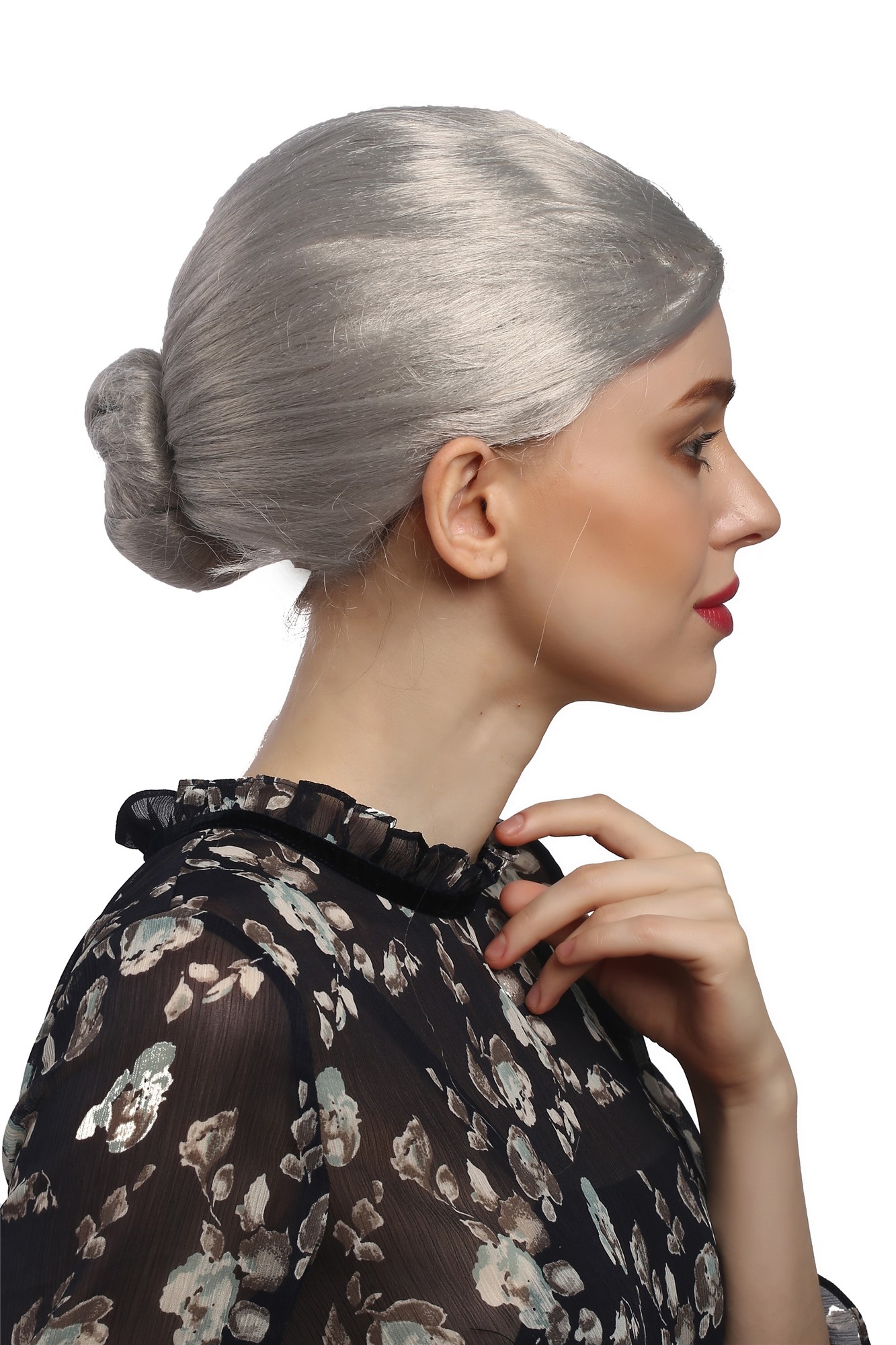 Lady Party Wig Fancy Dress silver grey hairbun Governess Prima Ballerina Grandmother Piano Teacher, front view, WIG ME UP: Your Perücken Online Shop Party Wig, Ladies, Grey, Braided, short