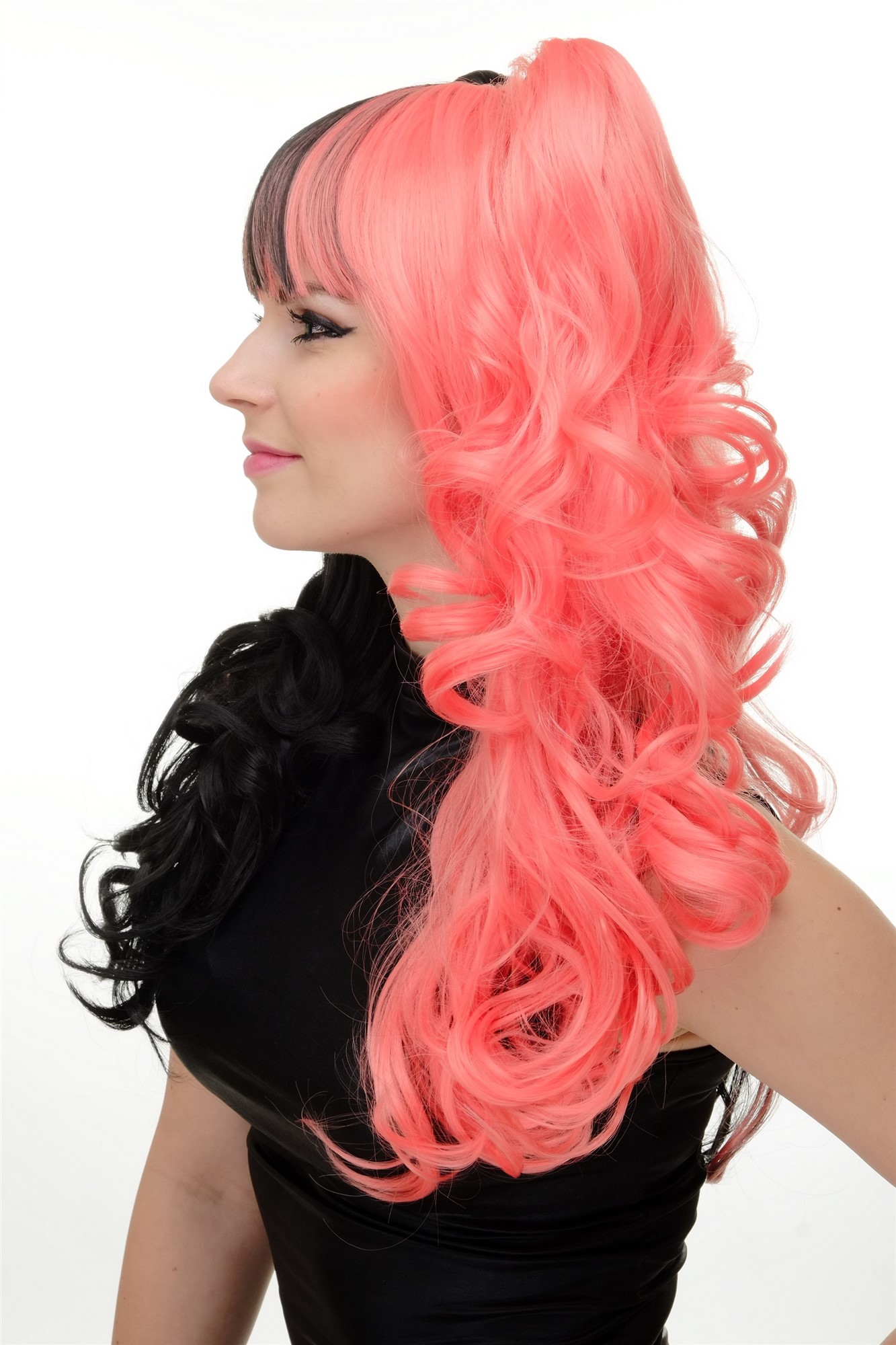 Lady Cosplay Wig + 2 ponytails pigtails curled split colour black pink YZF-7080H, view 3, WIG ME UP: Your Perücken Online Shop Quality Wigs, Ladies, black, pink, curled, shoulder-length