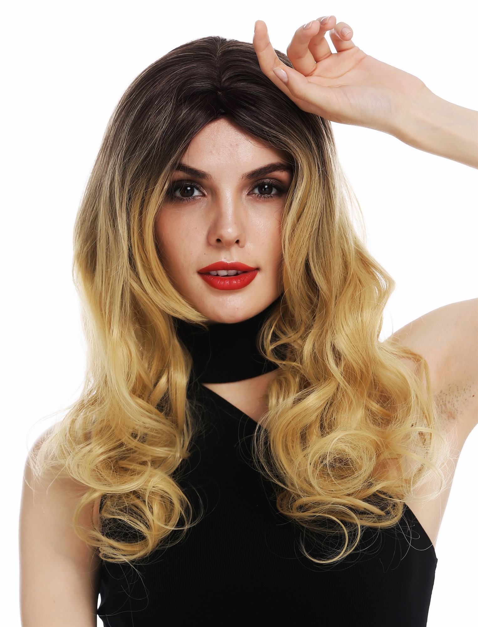hochwertige Qualitätsperücken, Perücke lang Locken gestuft Ombre Dunkelbraun Blond TYS-1071-4BTT86, Ansicht 5, WIG ME UP: Ihr Perücken Online Shop lockige Tressen-Perücke mit Kopfhaut-Imitat Braun-Blond-Mix lange Haare für Damen