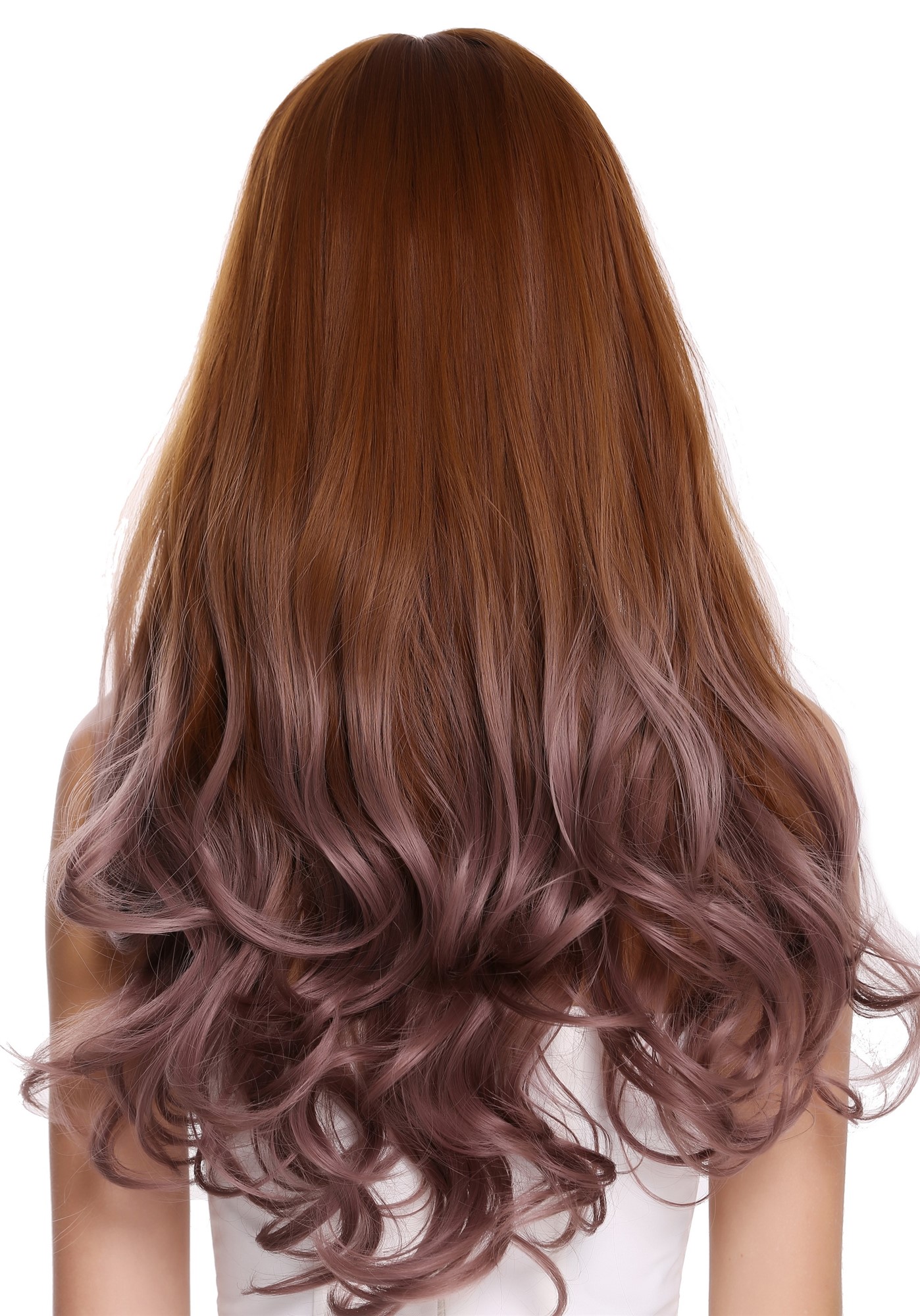 hochwertige Qualitätsperücken, Perücke lang Pony wellig Balayage Kupferbraun Rosa H1800-612R30, Ansicht 3, WIG ME UP: Ihr Perücken Online Shop wellige Tressen-Perücke mit Kopfhaut-Imitat Kupferbraun-Pastellrosa-Mix lange Haare für Damen