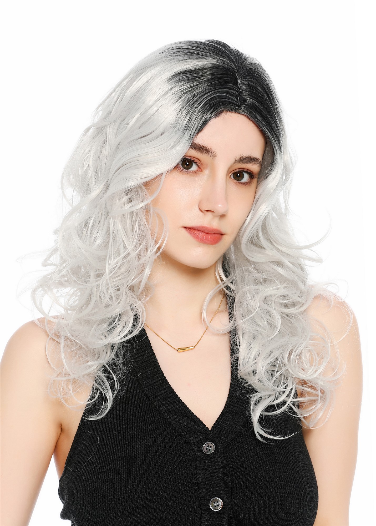 Perücke Damen lang voluminös wild gewellt wellig Mittelscheitel Ombre Schwarz Hellgrau GFW1832-silvergray+1B