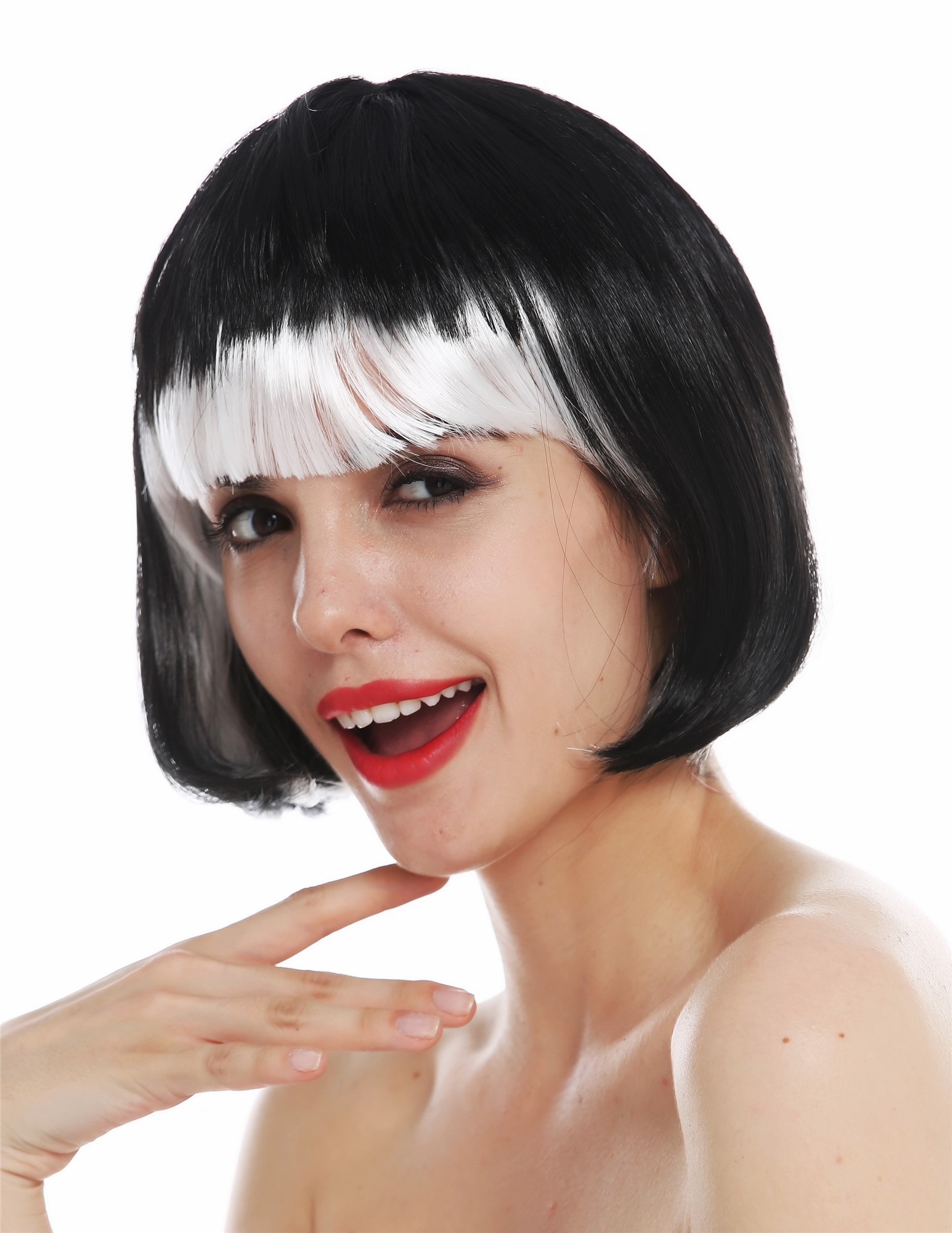 günstige Party Perücke, Perücke Bob schwarz Pony weiß 74023-P103-68, Ansicht 6, WIG ME UP: Ihr Perücken Online Shop glatte Party Perücke Tiefschwarz-Weiß-Mix kurze Haare für Damen