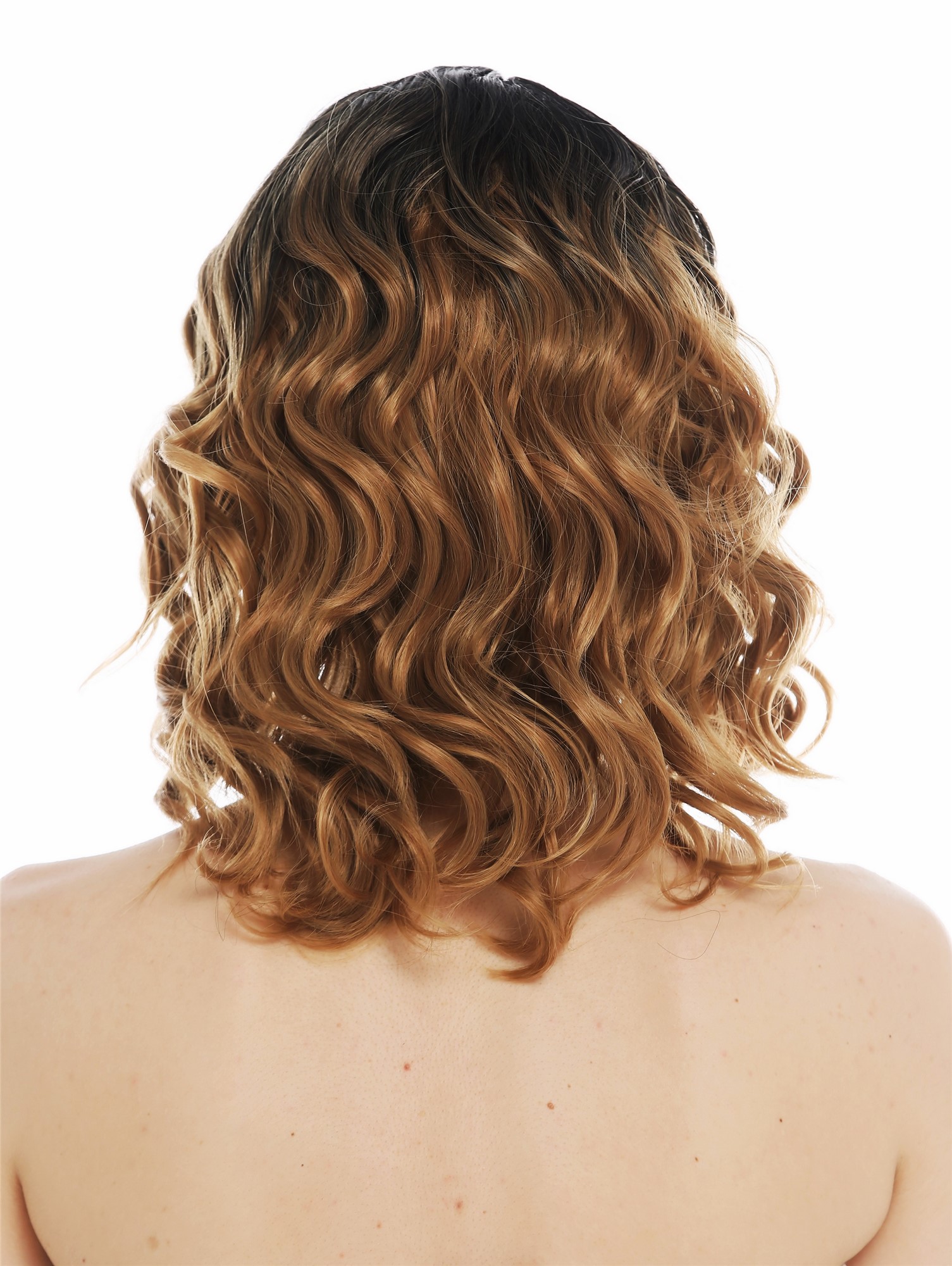 hochwertige Qualitätsperücken, Perücke schulterlang gewellt Scheitel Ombre Balayage Schwarz-Blond-Braun-Mix MS9026-R2/27/30, Ansicht 6, WIG ME UP: Ihr Perücken Online Shop lockige Tressen-Perücke mit Kopfhaut-Imitat Schwarz-Blond-Braun-Mix kurze Haare für Damen